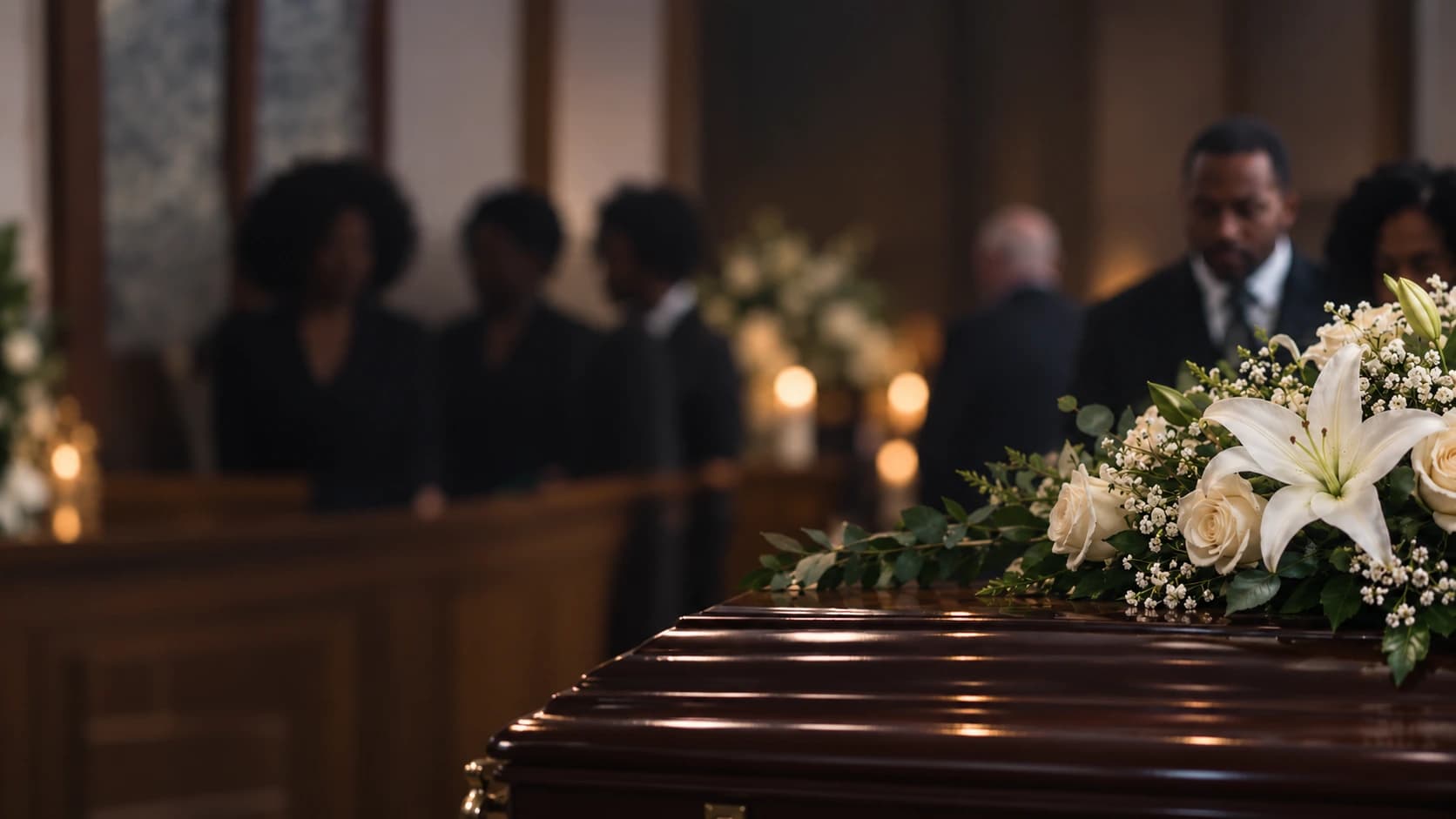 White lilies in a serene, softly lit sanctuary
